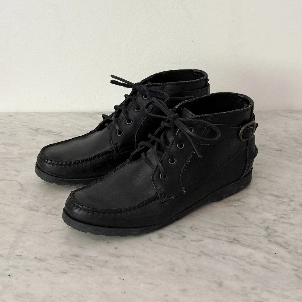 Vintage Black Leather Moc Toe Ankle Boots Buckle Detail 7.5W Chukka Shoes